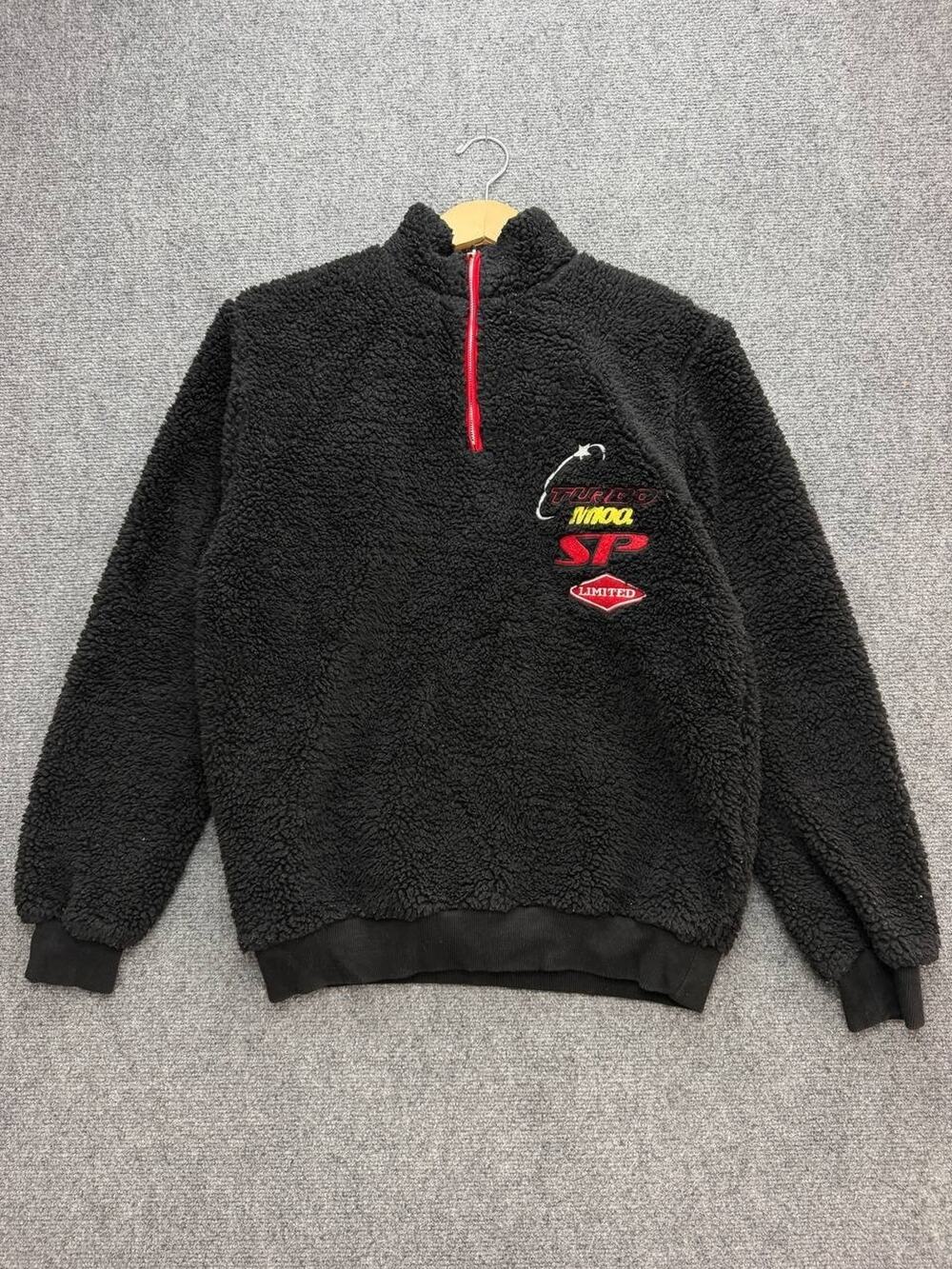 BoohooMAN Mens XS Black Borg Fleece Quarter Zip Pullover Embroidered Racing Logo